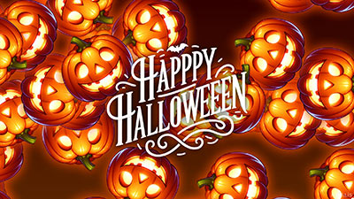 Happy Halloween 2023 — a burst of pumpkins and a floating title
