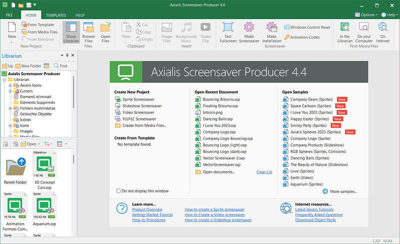 Axialis Screensaver Producer — Office-like interface with ribbon toolbar, multiple documents and built-in librarian