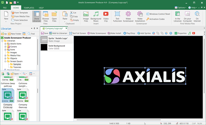 Sprite screensaver project in Axialis Screensaver Producer