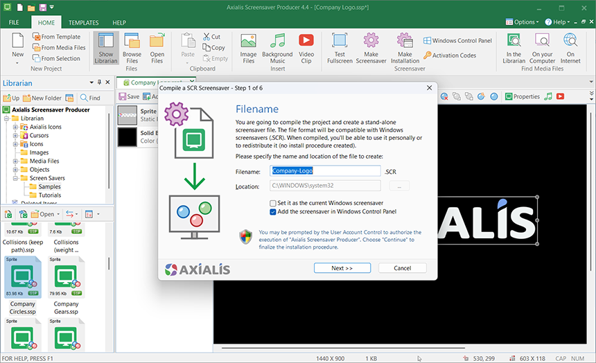 Sprite screensaver project in Axialis Screensaver Producer